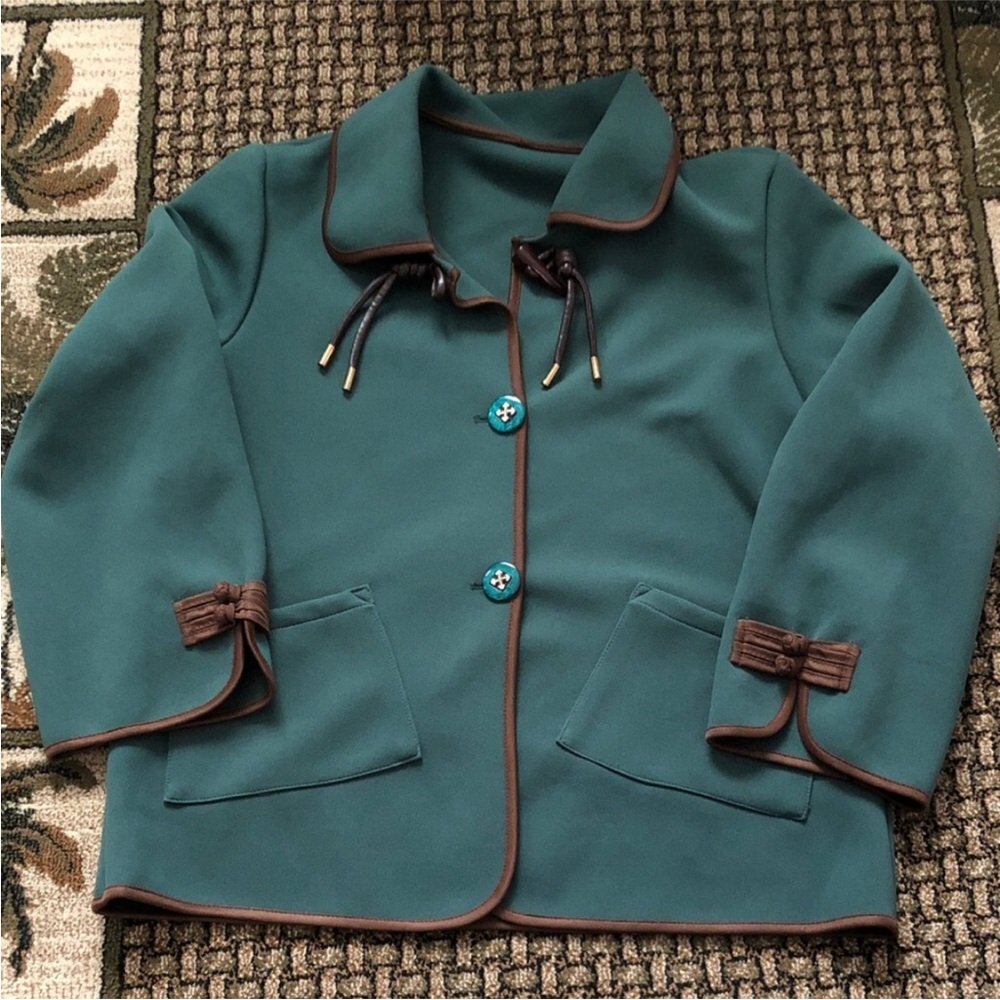 Teal Peacoat with Brown Trim and Bow Details